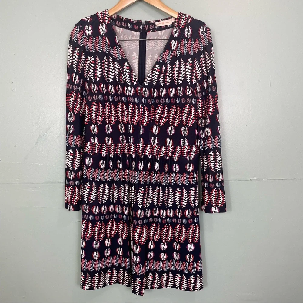 Tory Burch Viscose Fantasy‎ Printed Dress Navy Blue Long Sleeve V Neck Medium